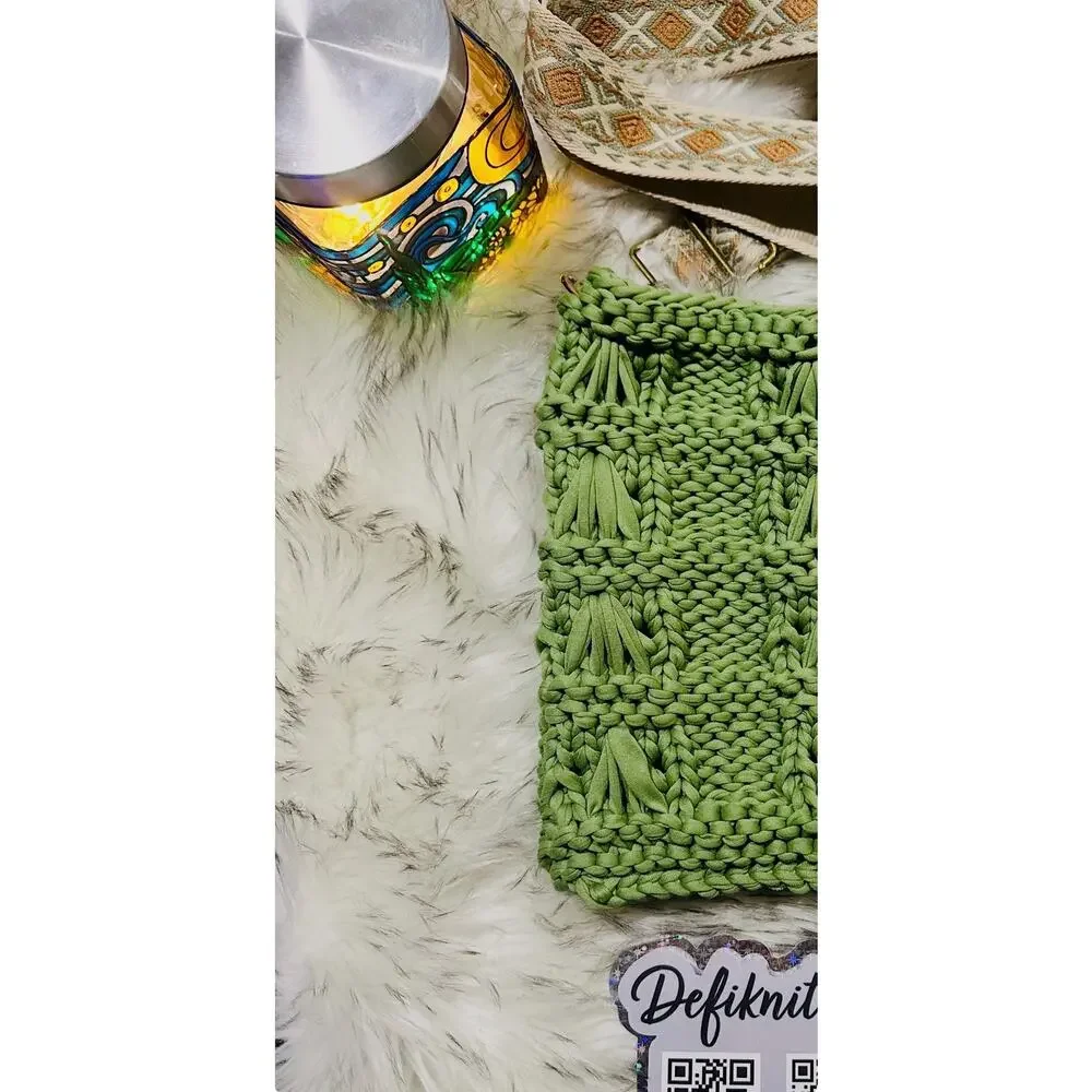 Hand Knit Avocado Green Crossbody Bag: T-Shirt Yarn Purse with Guitar Strap